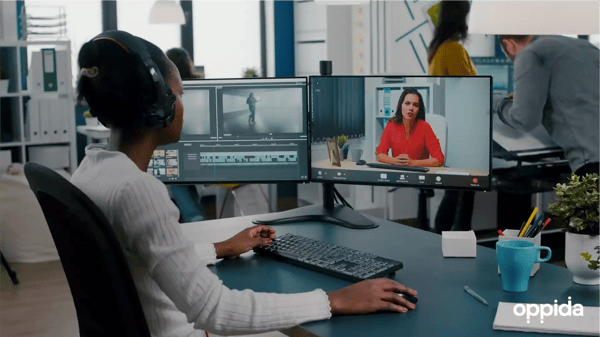 Woman working on post production for an elearning video